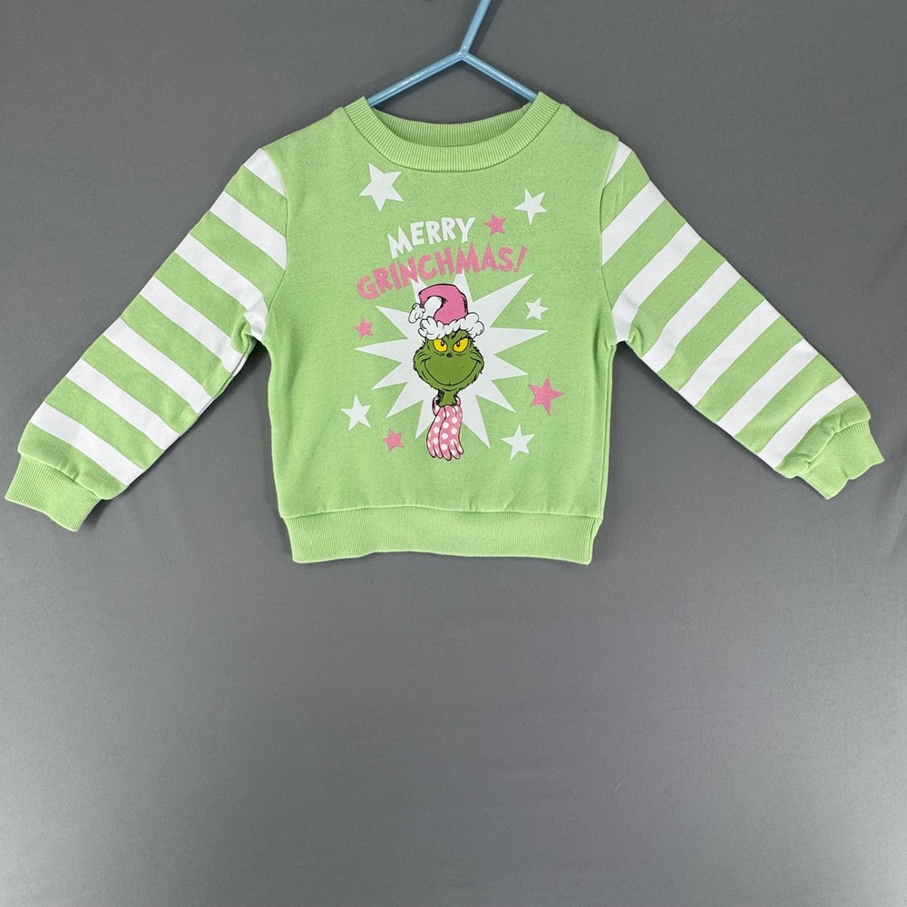 Dr. Seuss The Grinch Merry Grinchmas Kids Green Striped Sleeve Sweatshirt 4T